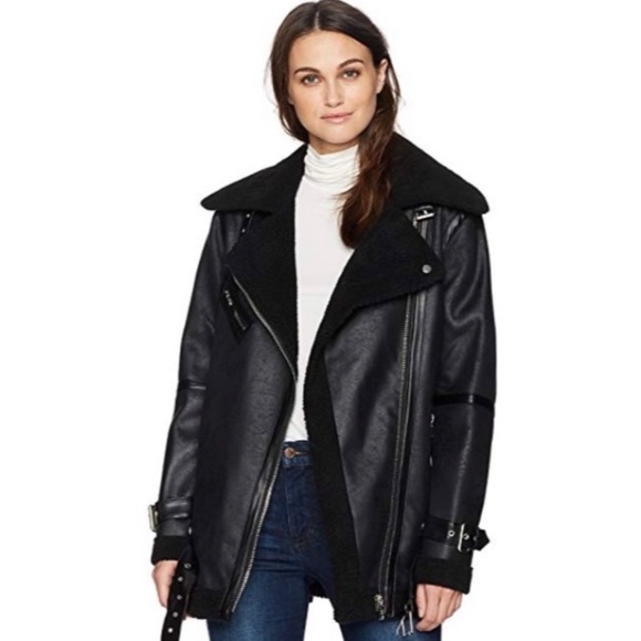 Avec Les Filles Faux Shearling Black Biker Jacket - Picture 3 of 14